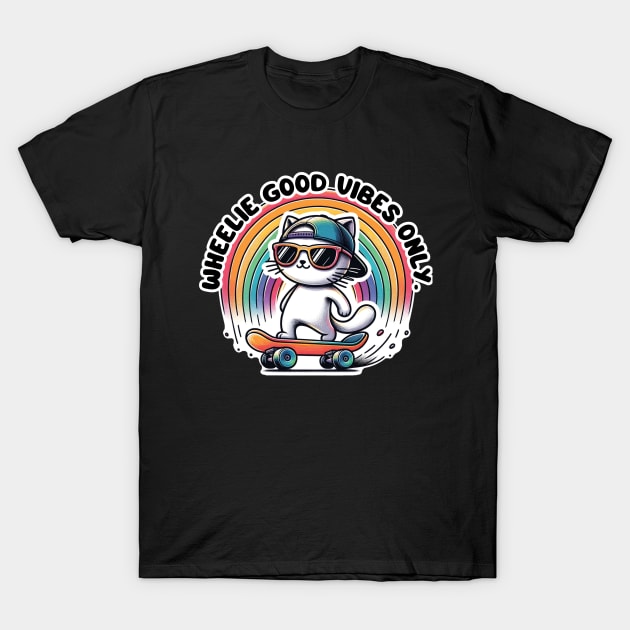 Wheelie Good Vibes Only - Cute Skateboarding Cat With A Rainbow T-Shirt by TeeTopiaNovelty